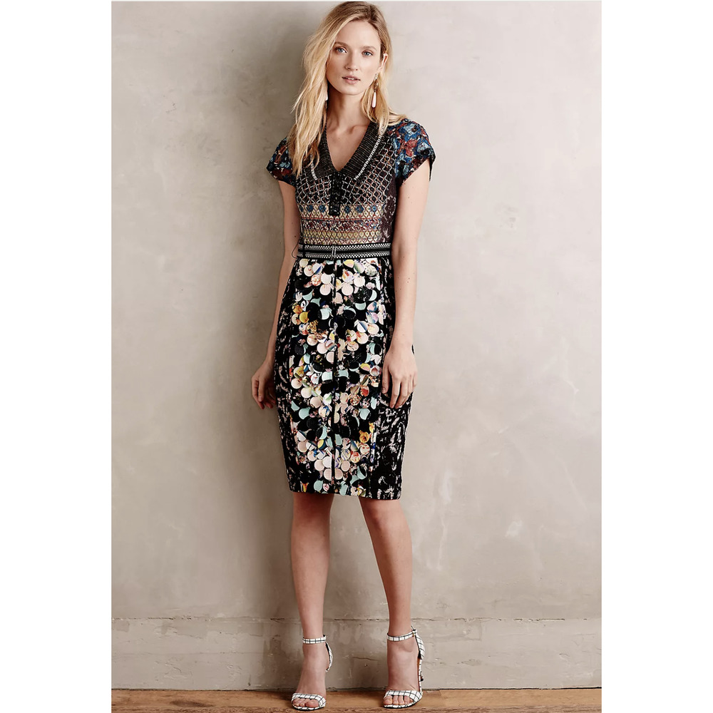 Beguile Byron Lars Margot Sheath Dress Black Belted Short Sleeve Sz 8 Women